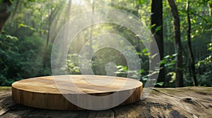 Empty Wooden Table in a Sunlit Forest Setting.