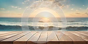 Empty Wooden Table with Sunny Sea