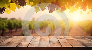 Empty wooden table, sunny vineyard background