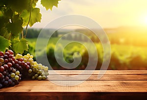 Empty wooden table, sunny vineyard background with copy space