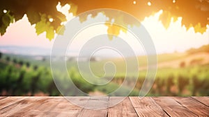 Empty wooden table with sunny vineyard background