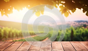 Empty wooden table with sunny vineyard background