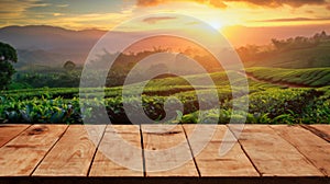 empty wooden table with tea plantation as background