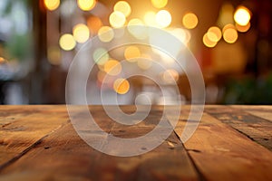 Empty wooden table top with abstract blurred background. Table top with copy space for product advertising in outdoors