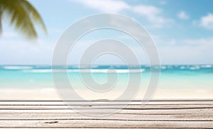 Empty wooden table top against blurred sea and sky. The background can be used for mounting or displaying your products.