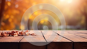 an empty wooden table top with blur background