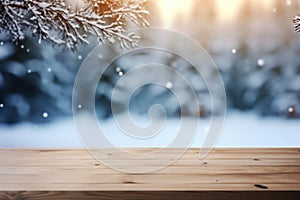 The empty wooden table top with blur background of winter scene background