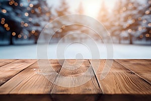 The empty wooden table top with blur background of winter scene background