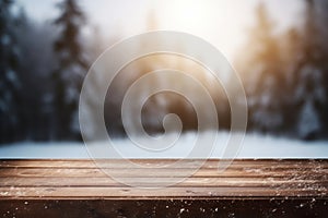 The empty wooden table top with blur background of winter scene background