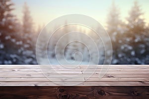 The empty wooden table top with blur background of winter scene background