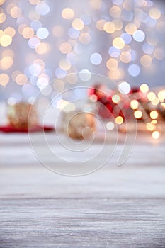 Empty table top with blur christmas lights background