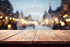 The empty wooden table top with blur christmas towns background