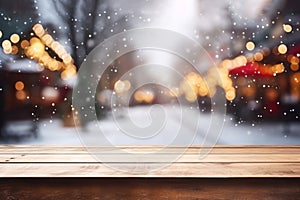 The empty wooden table top with blur christmas towns background