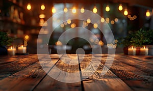 Empty wooden table top on blurred abstract bright background.