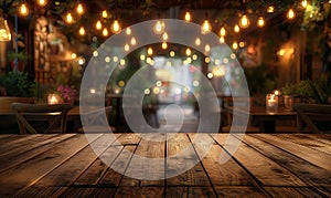 Empty wooden table top on blurred abstract bright background.