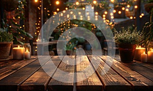 Empty wooden table top on blurred abstract bright background.