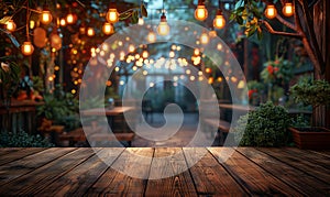 Empty wooden table top on blurred abstract bright background.