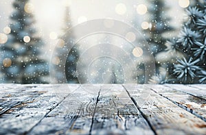 Empty wooden table top with blurred background of white and grey colors