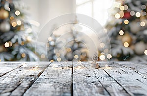 Empty wooden table top with blurred background of white and grey colors