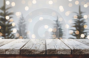 Empty wooden table top with blurred background of white and grey colors