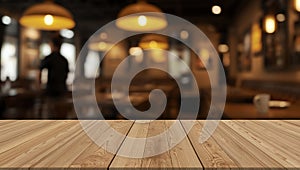 Empty Wooden Table Top with Blurred Cafe Restaurant Background