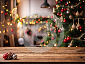 Empty wooden table top with blurred Christmas tree with bokeh light background, for product display montages.