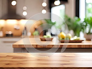 Empty wooden table top with blurred home kitchen background