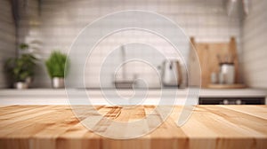 Empty Wooden Table Top on Blurred Kitchen Counter Background - Homey and Cozy. created with Generative AI