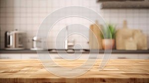 Empty Wooden Table Top on Blurred Kitchen Counter Background - Homey and Cozy. created with Generative AI