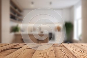 Empty wooden table top and blurred kitchen, dining room interior on the background. Copy space for your object, product