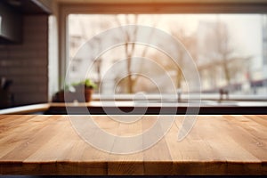 Empty wooden table top and blurred kitchen interior on the background. Copy space for your object, product, food