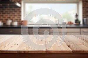 Empty wooden table top and blurred kitchen interior on the background. Copy space for your object, product, food