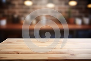 Empty wooden table top and blurred kitchen interior on the background. Copy space for your object, product, food