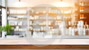 Empty wooden table top with blurred pharmacy drugstore interior on background. Products presentation concept