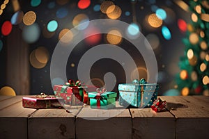 Empty wooden table top with colorful christmas decorations (christmas balls, christmas tree, presents