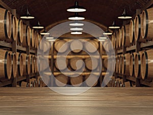 Empty wooden table top for copy space with blurry underground wine cellar in arch shape structure room background 3d render