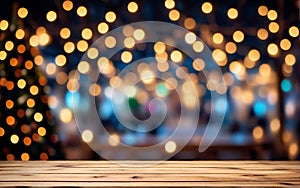 Empty wooden table top with defocused bokeh Christmas Fair lights