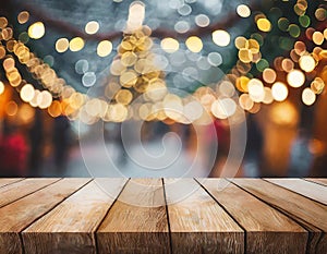 Empty wooden table top with defocused bokeh Christmas Fair lights background. Template for product display.