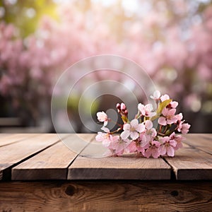 Empty wooden table top with flower and bokeh on blur background An empty wooden counter table top for product display Ai generated