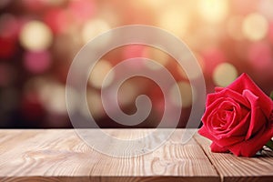 Empty wooden table top with flower and bokeh on blur background An empty wooden counter table top for product display Ai generated