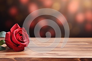 Empty wooden table top with flower and bokeh on blur background An empty wooden counter table top for product display Ai generated