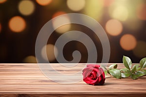 Empty wooden table top with flower and bokeh on blur background An empty wooden counter table top for product display Ai generated