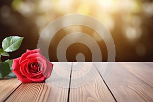 Empty wooden table top with flower and bokeh on blur background An empty wooden counter table top for product display Ai generated