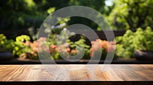 The empty wooden table top with a garden blurred background. AI Generated.