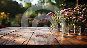 The empty wooden table top with a garden blurred background. AI Generated.