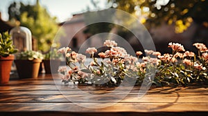 The empty wooden table top with a garden blurred background. AI Generated.