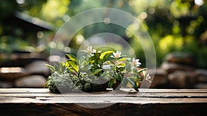 The empty wooden table top with a garden blurred background. AI Generated.