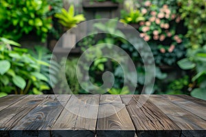 Empty wooden table top with green plants leaves background. Table top with copy space for product advertising. Balcony