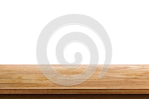 Empty wooden table top isolated on white background