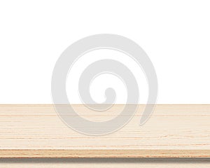 Empty wooden table top isolated on white background for product display montages